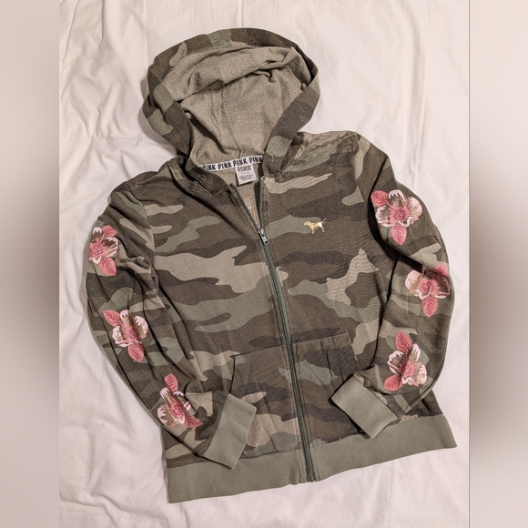 Victoria's Secret PINK Bling Zip Hoodie - Camo, Orchids & Rose Gold Sequin Logo - Picture 3 of 10